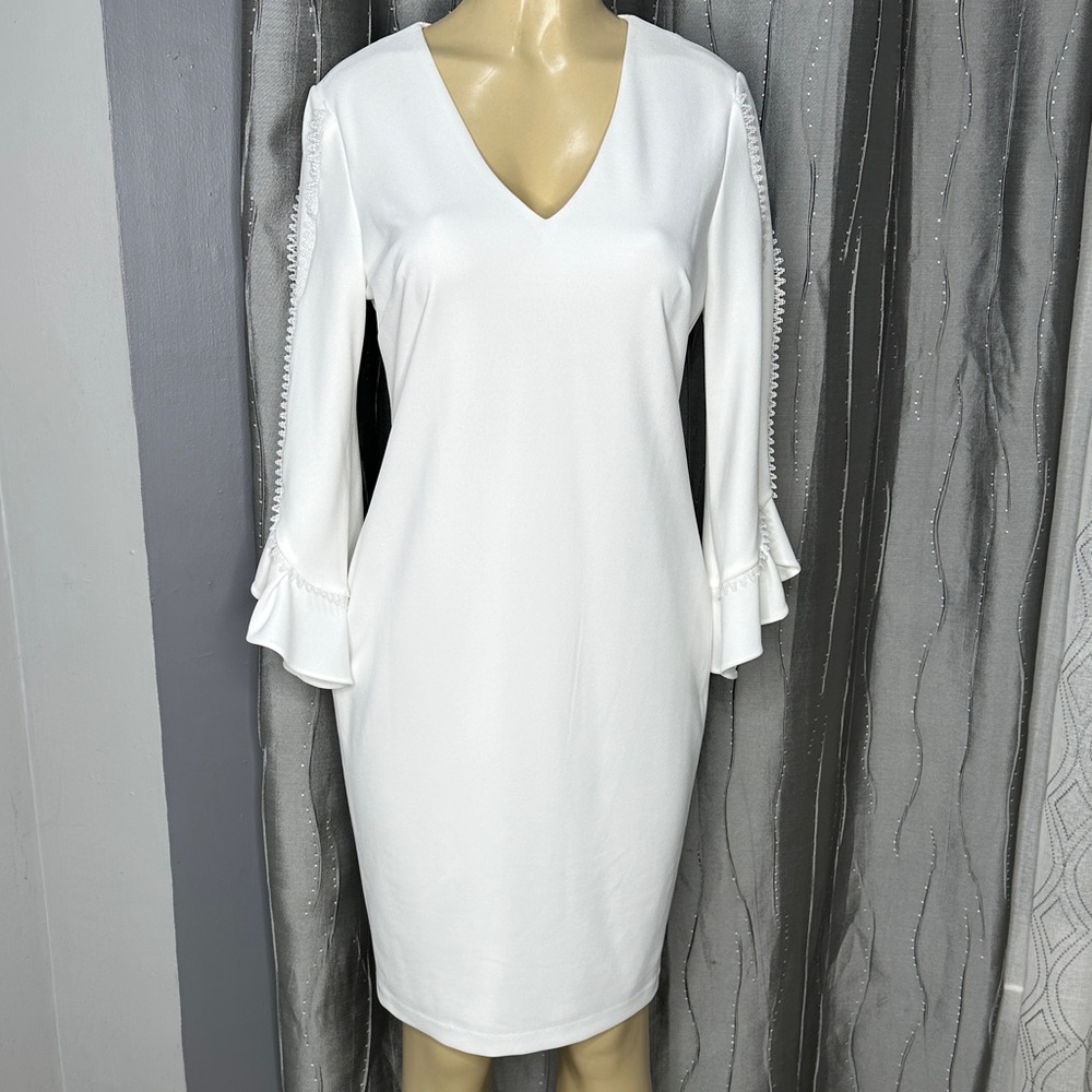Calvin Klein White V-Neck Long Sleeve Ruffle Dress